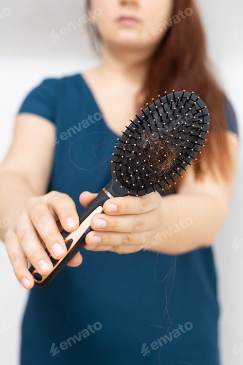 Preview: Cropped long haired ginger woman in blue tshirt presenting hair comb with hair to camera, showing