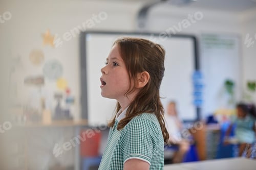 Preview: Young girl speaking in a classroom setting.