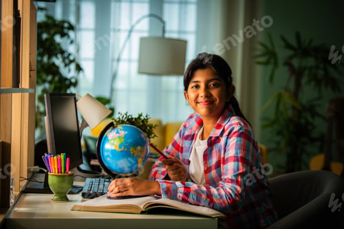 Preview: Asian Indian girl child studying at home on study table with computer, books, victory trophy