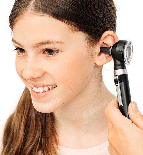 Preview: Child hearing exam. Diagnosis of impairment and hearing testing in children. Girl during an ear