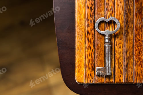 Preview: the old key lies on an old wooden table, natural textures, the concept of discoveries, secrets