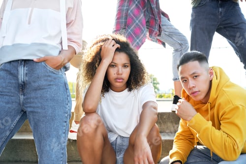Preview: Close up portrait of group young people outdoors