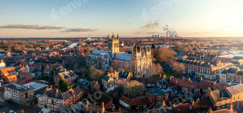 Preview: Aerial panoramic landscape of the North Yorkshire market town of Selby, UK
