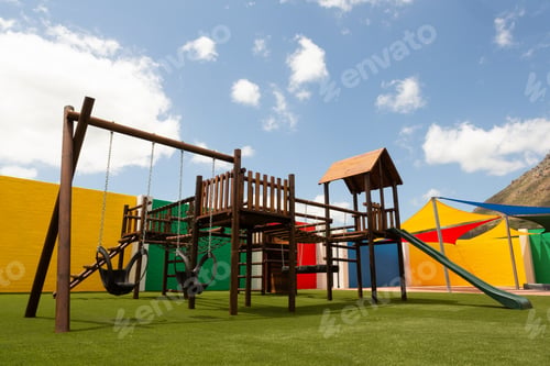 Preview: Low angle view of an empty school playground on a sunny day