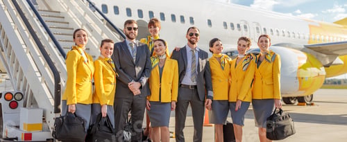 Preview: Cheerful aircrew standing near airplane at airport