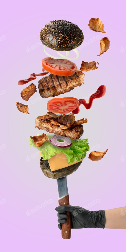 Preview: Layers of large cheeseburger black bun with sesame seeds, beef fried steak, bacon