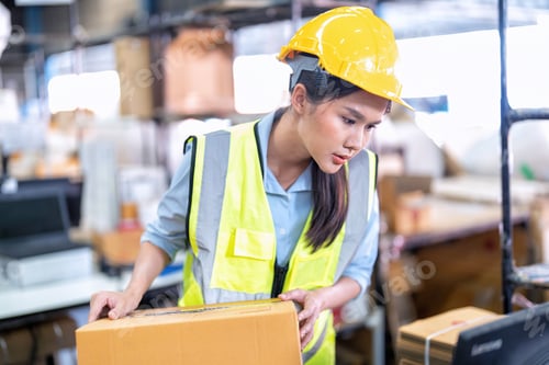 Preview: Worker working in the large depot storage warehouse happy smiling packing box at cashier counter