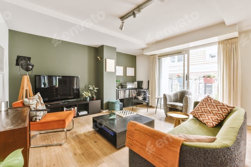 Preview: Studio apartment interior with wooden furniture