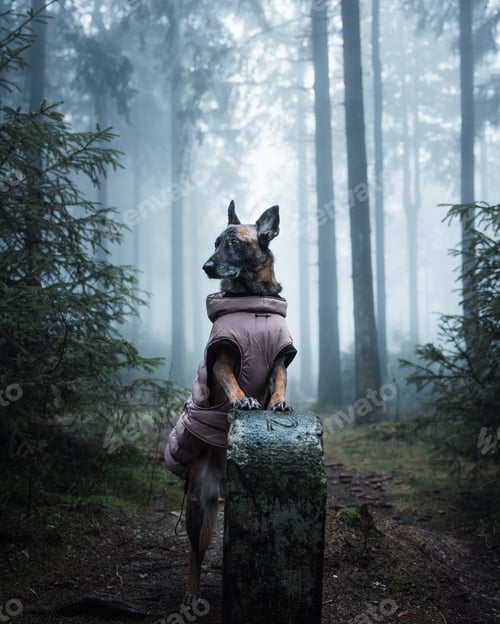 Preview: Adorable canine dressed in a fashionable pink jacket is confidently perched on a rustic wooden log