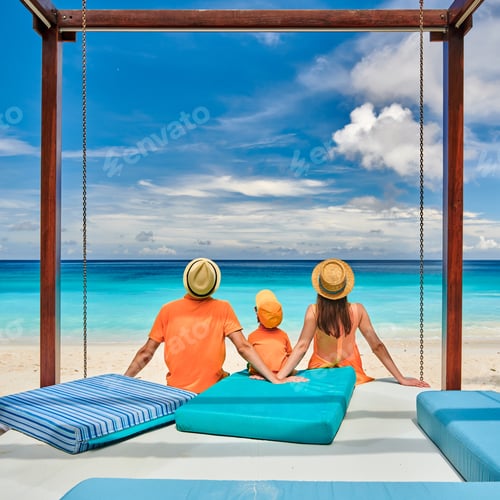 Preview: Family On Beautiful Petite Anse Beach, Young Couple In Orange With Three Year Old Toddler Boy