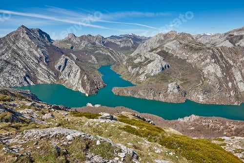 Preview: Beautiful turquoise waters reservoir and mountain landscape in Riano. Spain