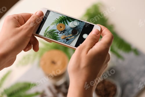 Preview: Woman hands making picture by phone for social media trendy fluffy Korean drink