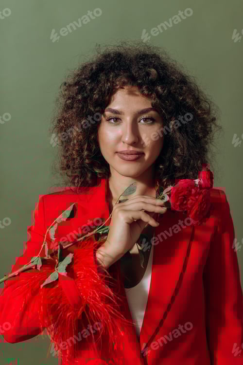 Preview: Beautiful woman with curly hair holding red roses