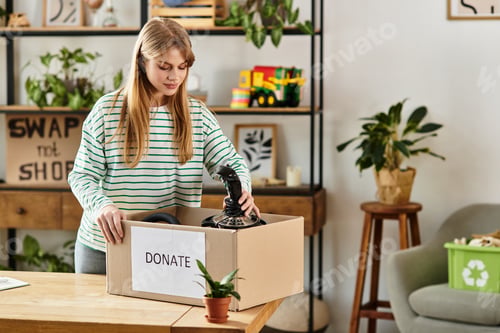 Preview: Young woman engaged in waste sorting and donating clothes for sustainable living