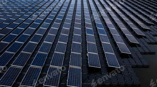 Preview: Aerial view solar cell panels farm power plant on water, Solar cell panels farm power plant.