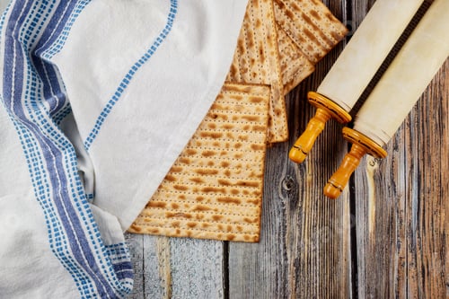 Preview: Top view of matzah, tallit and torah on wooden background.