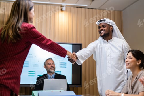 Preview: Multi-Ethnic businessman and woman making a handshake in meeting room.