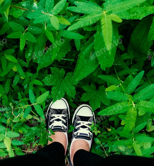 Preview: Sneaking in sneaker. Selfie of own feet in a pair of sneaker on green field from high angle view.