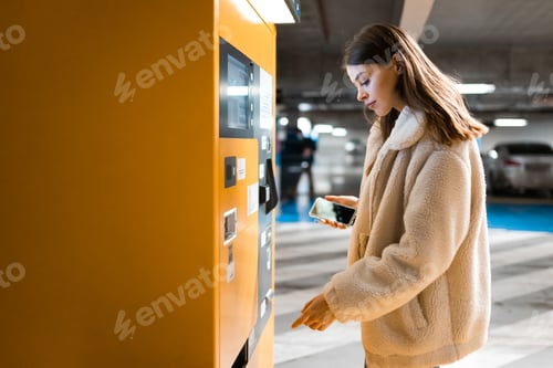 Preview: Elegant young girl pays for ticket in parking meter. Woman near terminal in the underground parking