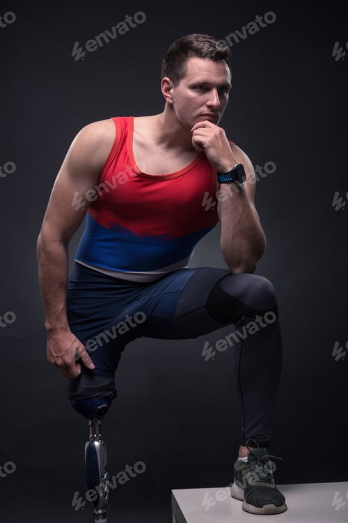 Preview: One Young Adult Man Disabled, Sportsman Athlete Posing, One Prosthetic Leg, Standing
