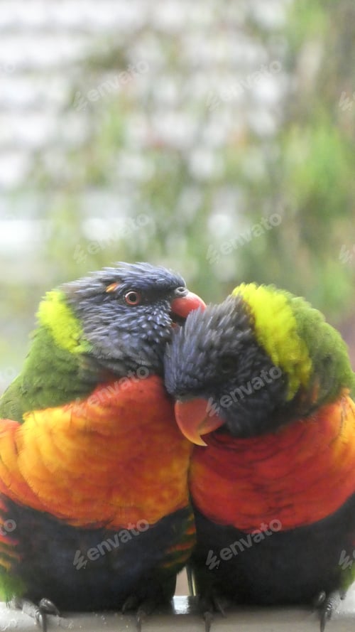 Preview: Rainbow lorikeet birds sitting close together against green leaf background