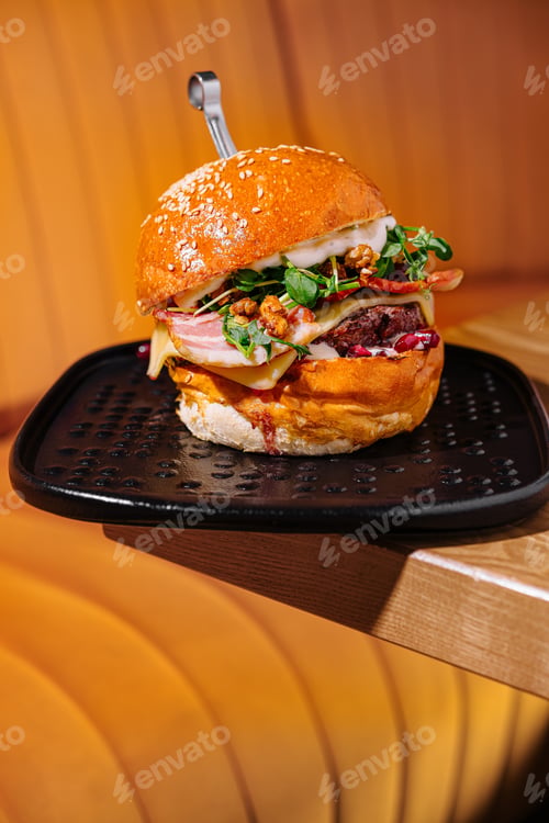 Preview: Gourmet burger with artisan toppings on a modern plate