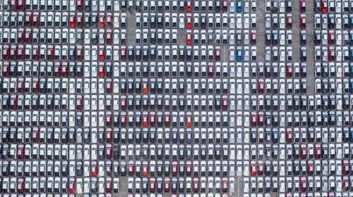 Preview: Aerial view new car lined up in the port for dealership business import and export, New car lined up