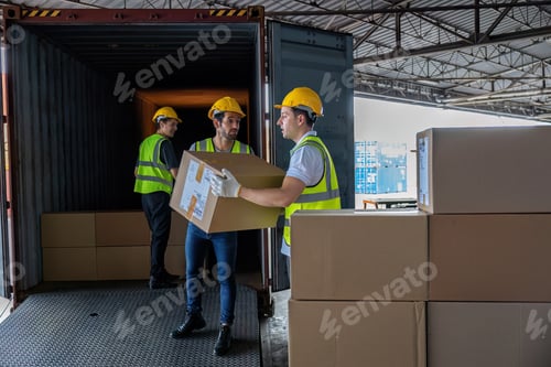 Preview: 3 Workers hand carry carton box take from 40 feet steel container one by one and stack on floor