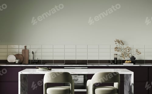 Preview: Colorful kitchen interior with cooking area, sink and minimalist kitchenware