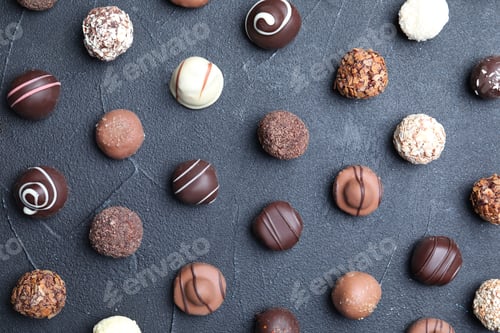 Preview: Different tasty chocolate candies on black table, flat lay