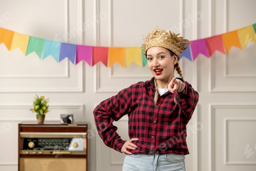 Preview: festa junina cute girl in straw hat brazilian midsummer with retro radio colorful flags excited