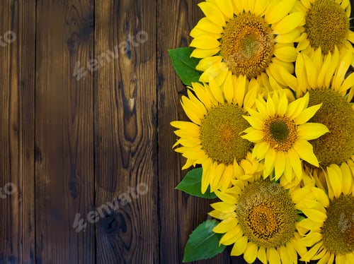 Preview: Bright Yellow Sunflowers on Rustic Wood Background