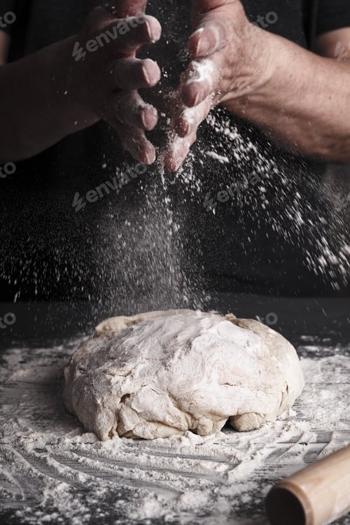 Preview: Cooking dough by elderly woman cook hands for homemade pastry bread, pizza, pasta recipe preparation