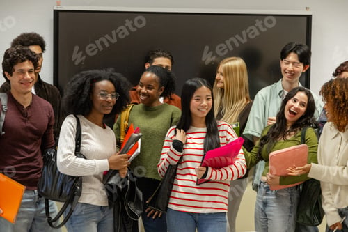 Preview: Diverse students standing together smiling in classroom