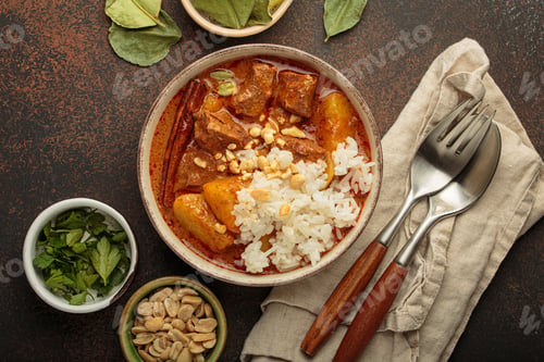 Preview: Delicious massaman curry with beef, potatoes, rice, and peanuts is served in bowl top view, Thai