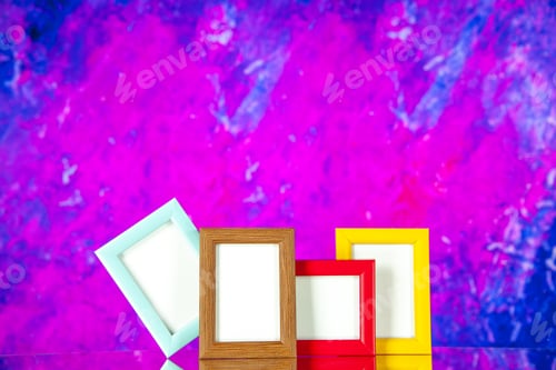 Preview: front view different picture frames with colored corners on pink background picture present family