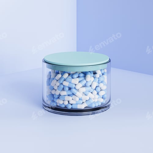 Preview: Capsule pills in glass with cover on blue background