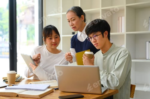Preview: Mature female lecturer helping student during class. Education concept