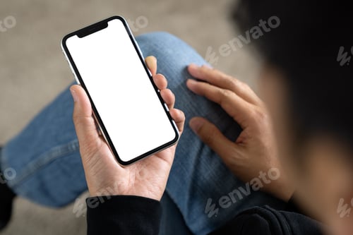 Preview: Man using smart phone white screen on top view