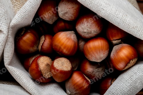 Preview: top view of hazelnuts in shell in a sack