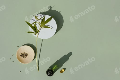 Preview: CBD oil, tincture in a bottle and a cannabis bush on a white podium