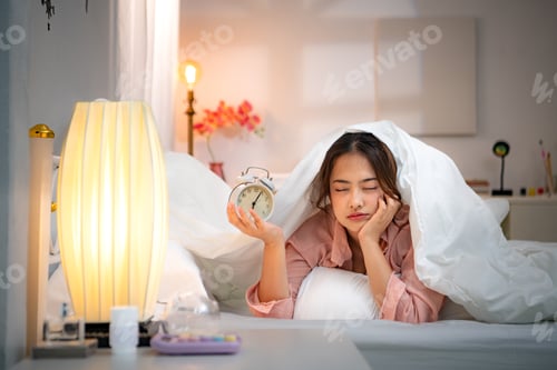 Preview: Asian young woman on the bed in the bedroom trying to wake up and prepare for work