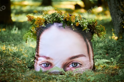 Preview: Art object of soft pillow with young girl half face image with wreath of yellow flowers on head