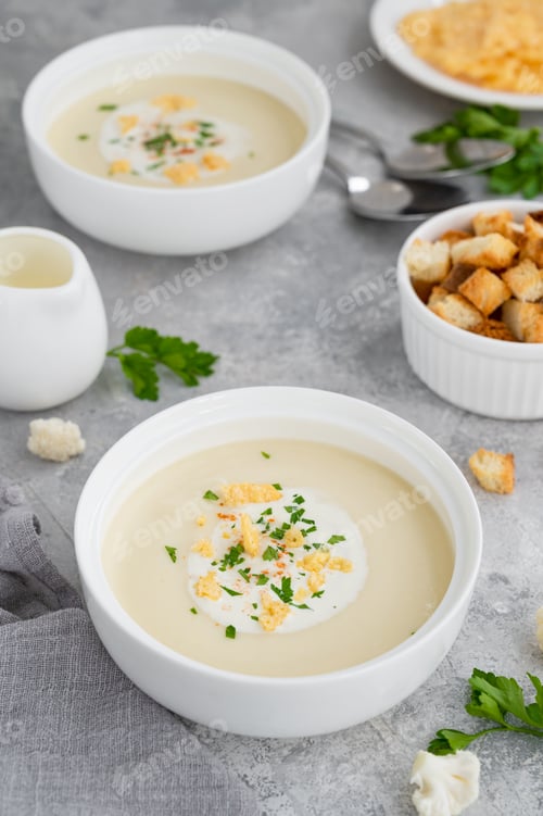 Preview: Cauliflower soup puree in a white bowl with cheese, cream, spices and fresh parsley. Top view