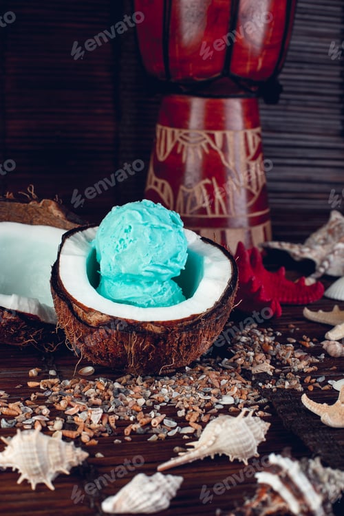 Preview: Blue ice cream in coconut bowl.