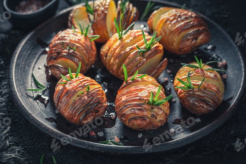 Preview: Tasty Hasselback with herbs and oil. Swedish cuisine.