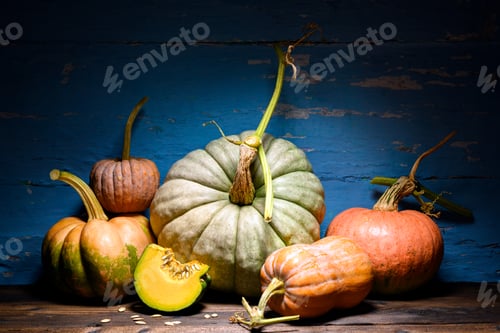 Preview: Rustic wooden table with assorted pumpkins forms