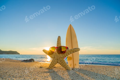 Preview: Starfish with sunglasses on the beach