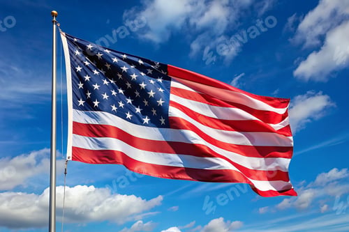 Preview: American flag waving against a clear blue sky,