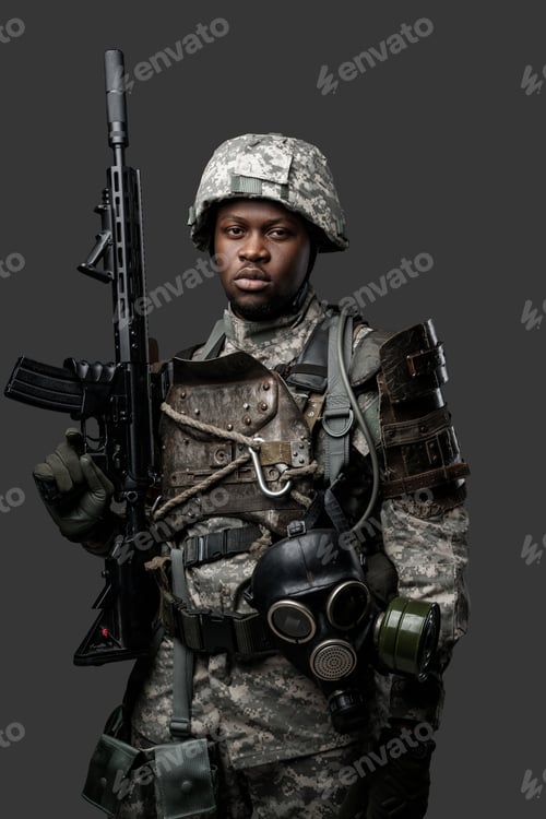 Preview: Black army soldier with rifle isolated on dark gray background